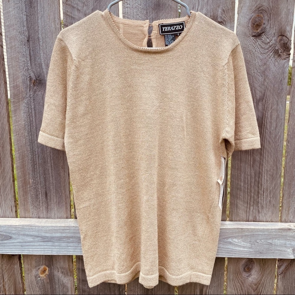 🏷 NWT Terazzo Gold Knit Short Sleeve Sweater Size Small Pullover Ramie Blend‎